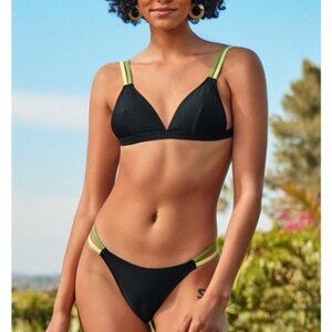 Cupshe Womens Black Cecelia Triangle Green Strappy Bikini M Swimsuit Sporty